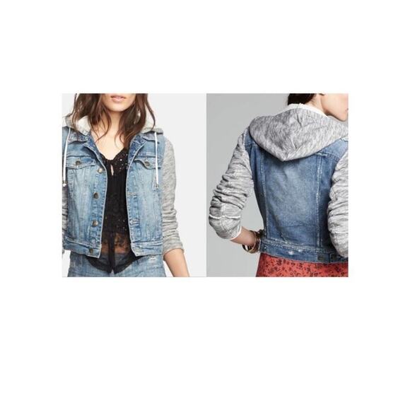 Free People Distressed Denim & Knit Sweater HOODIE Jacket S French Terry Gray - Picture 2 of 9